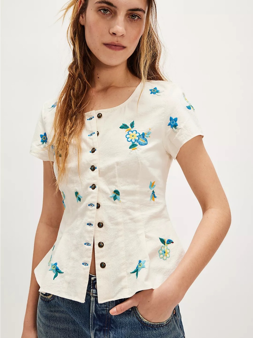 FREE PEOPLE Kelly Cotton EMBROIDERED TOP blouse LARGE